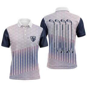 Polo de golf personnalisé homme rayures verticales bleu marine rouge et blanc avec clubs de golf alignés