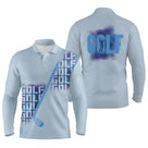 Polo de golf manches longues unisexe bleu clair avec lettrage GOLF aquarelle pour parcours frais