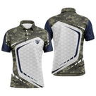 Polo de golf personnalisé homme camouflage vert kaki avec panneau central blanc texturé balle de golf
