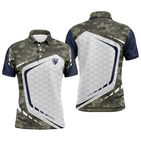 Polo de golf personnalisé homme camouflage vert kaki avec panneau central blanc texturé balle de golf