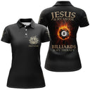 Polo billard Jésus mon sauveur noir or vue alternative, design boule 8 flammes et slogan humour