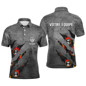 Polo billard gris acier homme avec griffes lacérées, boules colorées et écusson équipe, prénom et équipe personnalisés