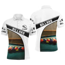 Polo billard blanc homme avec table verte, triangle de boules colorées et inscription BILLARD, prénom personnalisé
