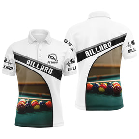 Polo billard blanc homme avec table verte, triangle de boules colorées et inscription BILLARD, prénom personnalisé
