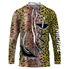 Tee-shirt pêche truite peau rose-or all-over trompe-l'œil avec hameçons noirs et prénom personnalisé