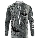 T-shirt anti UV à capuche pêche peau de saumon argentée, motif écailles all-over et hameçons graphiques