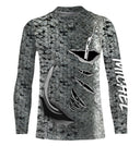 Tee shirt anti UV pêche saumon vue dos, motif peau argentée intégrale, vêtement technique pêcheur migrateurs
