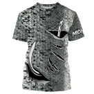 T-shirt manches courtes pêche peau de saumon, motif écailles argentées all-over, accessoire personnalisable pour pêcheur