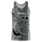 T-shirt halieutique peau de saumon, coupe technique respirante, motif écailles et hameçons, personnalisable prénom