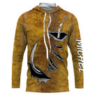 T-shirt anti UV à capuche pêche peau de silure ocre et brun motif all-over taches