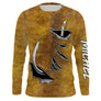 T-shirt anti UV manches longues pêche silure, imprimé peau ocre brun et trio d hameçons, vêtement halieutique unisexe