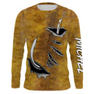 T-shirt anti UV manches longues pêche silure, imprimé peau ocre brun et trio d hameçons, vêtement halieutique unisexe