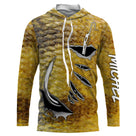 T-shirt anti UV à capuche pêche peau de perche jaune doré et noir, motif écailles all-over, hameçons graphiques et prénom