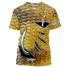 T-shirt manches courtes pêche peau de perche, motif rayures all-over jaune et noir, accessoire personnalisable pour pêcheur