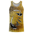 T-shirt halieutique peau de perche, coupe technique respirante, motif rayures et hameçons, personnalisable prénom