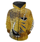 Polo zippé manches longues pêche perche motif rayures jaune noir, tenue technique pour guide de pêche personnalisée