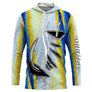 T-shirt anti UV à capuche pêche peau de thon bleu marine et argent, motif all-over stries, hameçons graphiques et prénom
