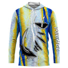 T-shirt anti UV à capuche pêche peau de thon bleu marine et argent, motif all-over stries, hameçons graphiques et prénom