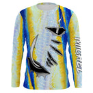 T-shirt anti UV manches longues pêche thon, livrée bleu argent et trio hameçons, vêtement halieutique pour pêche en mer