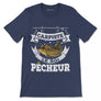 T-shirt carpiste Le Roi Pêcheur bleu marine typographie blanche dorée vintage motif carpe miroir couronne héraldique