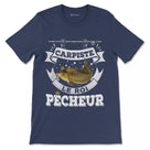 T-shirt carpiste Le Roi Pêcheur bleu marine typographie blanche dorée vintage motif carpe miroir couronne héraldique