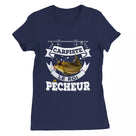 T-shirt cadeau carpiste vintage bleu marine motif carpe miroir dorée Carpiste Le Roi Pêcheur typographie blanche
