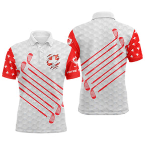 Polo de golf personnalisé homme blanc rouge avec drapeau suisse stylisé et clubs alignés verticaux rouges