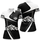 Polo billard noir et blanc femme avec boules du jeu de la 14/1 et design minimaliste, prénom personnalisé