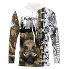 T-shirt anti UV chasse sanglier camo feuillages, motif tête sanglier et lettrage, accessoire pour chasseur