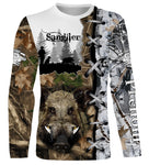 T-shirt sanglier camouflage Realtree vue de face design feuillages bruns et oranges, coupe unisexe personnalisable