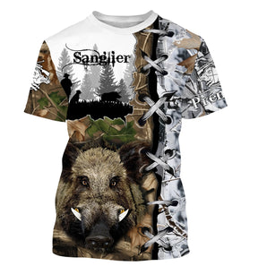 T-shirt chasse sanglier camo Realtree feuillages d automne avec tête de sanglier hérissé et lettrage Sanglier, prénom imprimé