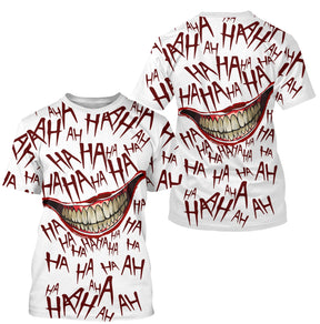 T-shirt Halloween blanc all-over unisexe avec sourire du Joker rouge et inscription HA HA HA HA