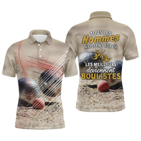 Polo pétanque sable beige all over photo réaliste boules en mouvement citation meilleurs boulistes effet poussière