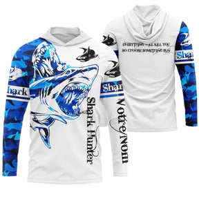 Sweat UV à capuche pêche requin Shark Hunter bleu marine prénom personnalisé