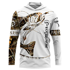 Sweat UV à capuche pêche saumon au leurre tatouage 3D encré bicolore blanc camouflage roseau prénom personnalisé, vue de face