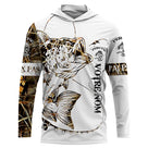 Sweat UV à capuche pêche perche tatouage encré bicolore blanc camouflage roseau prénom personnalisé, vue de face