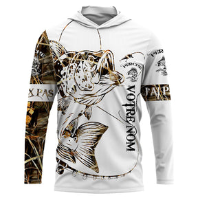Sweat UV à capuche pêche perche tatouage encré bicolore blanc camouflage roseau prénom personnalisé, vue de face