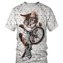 T-shirt all-over unisexe avec chat mignon sur vélo BMX et motif chats répétés en arrière-plan