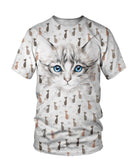 T-shirt all-over unisexe avec chat blanc tigré mignon en gros plan et motif chats répétés en arrière-plan