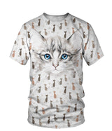 T-shirt all-over unisexe avec chat blanc tigré mignon en gros plan et motif chats répétés en arrière-plan