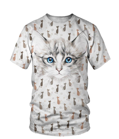 T-shirt all-over unisexe avec chat blanc tigré mignon en gros plan et motif chats répétés en arrière-plan