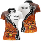 Polo billard blanc et orange femme avec boules enflammées et nom équipe, prénom personnalisé