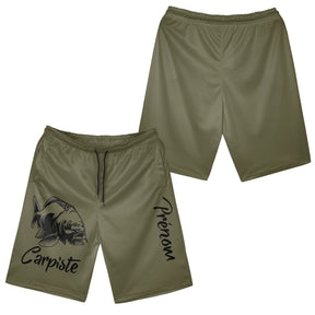 Short pêche olive kaki homme avec illustration carpe et inscription Carpiste, prénom personnalisé