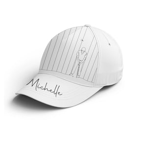 Casquette golf blanche golfeur silhouette swing prénom Michelle broderie unisexe personnalisée