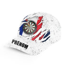 Casquette fléchettes France personnalisée blanc bleu et rouge avec cible de darts et prénom imprimé sur la visière
