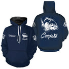 Sweater pêche carpe bleu marine carpiste devant carpe stylisée prénom manche pêcheur personnalisé