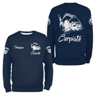 Sweat zippé pêche carpe bleu marine carpiste devant carpe stylisée prénom manche pêcheur personnalisé
