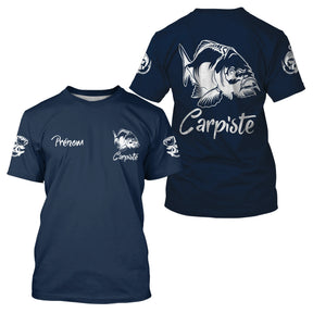 T-shirt pêche carpe bleu marine carpiste devant carpe stylisée prénom manche pêcheur personnalisé