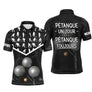 Polo pétanque personnalisé noir marbré avec silhouettes boulistes et lettrage Pétanque Un Jour Toujours, prénom imprimé