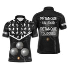 Polo pétanque personnalisé noir marbré avec silhouettes boulistes et lettrage Pétanque Un Jour Toujours, prénom imprimé